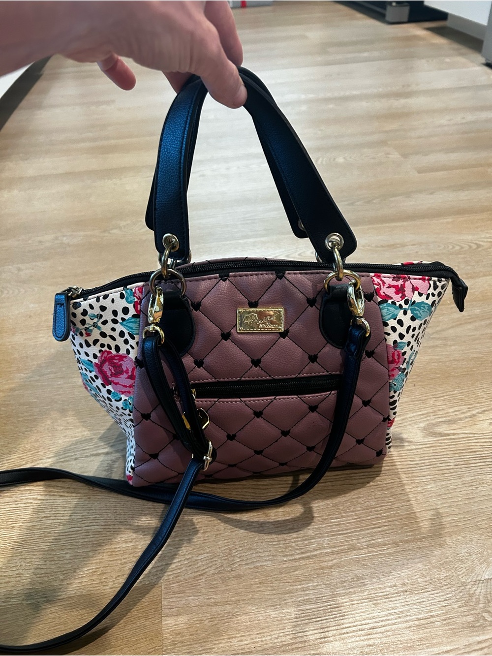 Betsey Johnson Quilted Mauve Crossbody Satchel with Floral Sides